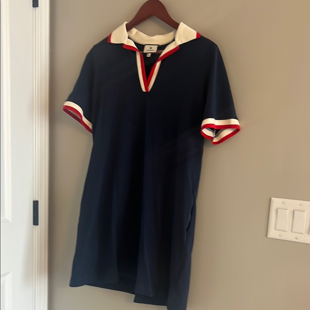 Stylish Navy Dress with Red and White Trim